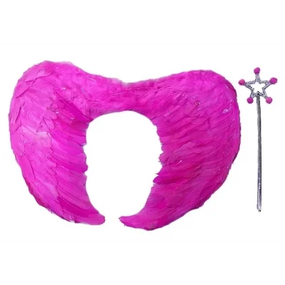 BUĞZ Gerçek Tüylü Katlanabilir Çocuk Pembe Melek Kanadı Ve Asa Seti 40x55 Cm