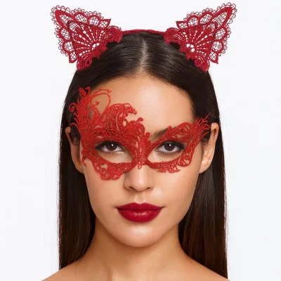  Gizemli Kırmızı Dantel Maske ve Taç Seti 1 No - Kostüm Seti