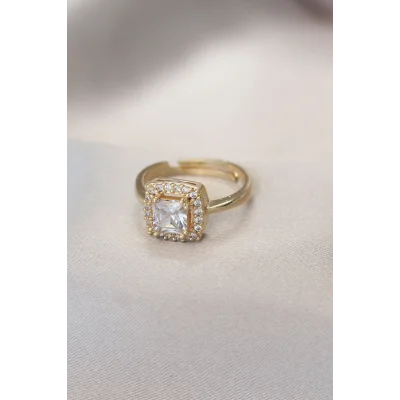 BUĞZ Gold Baget ve Zirkon Taşlı Kare Yüzük