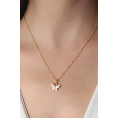 BUĞZ Gold Beyaz Renk Kelebek Figür Kadın Kolye