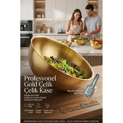 BUĞZ Gold Çelik Profesyonel Kase 28 cm - Çok Amaçlı Karıştırma Kabı, Salata & Sunum Kasesi, Dekoratif Meyvelik 723295