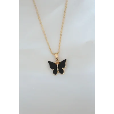 BUĞZ Gold Kaplama Siyah Renkli Sedefli Kelebek Kolye