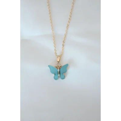 BUĞZ Gold Kaplama Turkuaz Renk Sedefli Kelebek Kolye