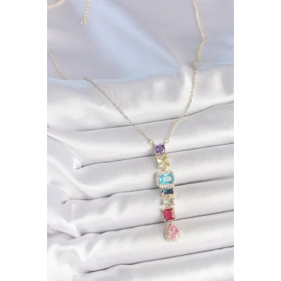 BUĞZ Gold Karışık Renk Zirkon Taşlı Y Pirinç Kolye - BUĞZ