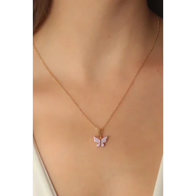 BUĞZ Gold Lila Renk Kelebek Figür Kadın Kolye