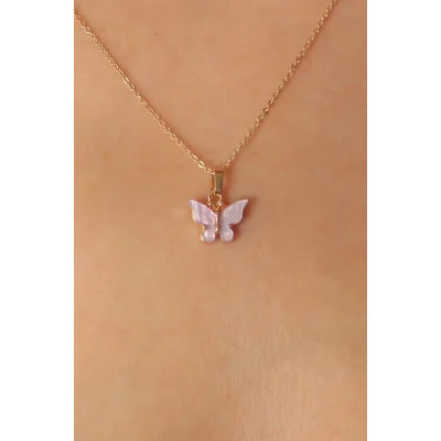 BUĞZ Gold Lila Renk Kelebek Figür Kadın Kolye - BUĞZ