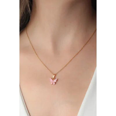 BUĞZ Gold Pembe Renk Kelebek Figür Kadın Kolye
