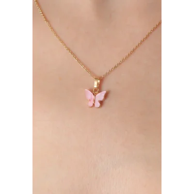 BUĞZ Gold Pembe Renk Kelebek Figür Kadın Kolye - BUĞZ