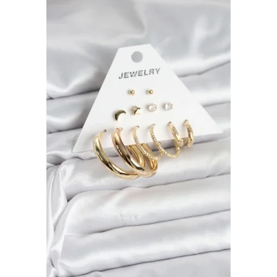 BUĞZ Gold Renk 6 Çiftli Pirinç Kadın Küpe Seti