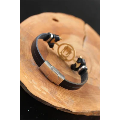 BUĞZ Gold Renk Baykuşlu Metal Aksesuarlı Siyah Renk Deri Erkek Bileklik - Lisinya