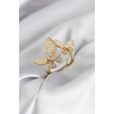 BUĞZ Gold Renk Beyaz Kelebek Model Zirkon Taşlı Kadın Yüzük