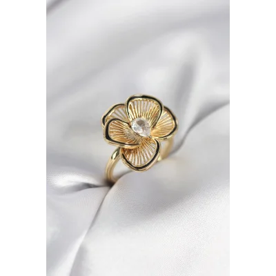 BUĞZ Gold Renk Çiçek Model Vintage Kadın Yüzük