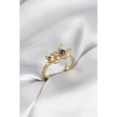 BUĞZ Gold Renk Çiçek Model Zirkon Taşlı Kadın Yüzük