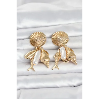BUĞZ Gold Renk Deniz Temalı Vintage Kadın Küpe