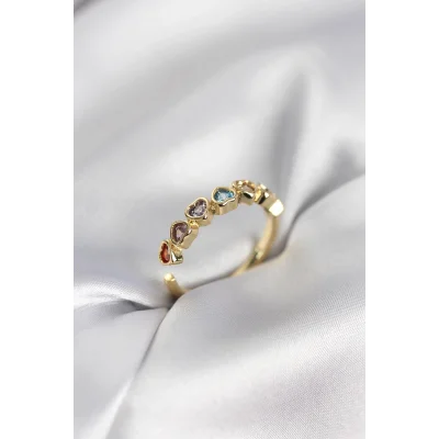 BUĞZ Gold Renk Kalp Model Renkli Zirkon Taşlı Kadın Yüzük