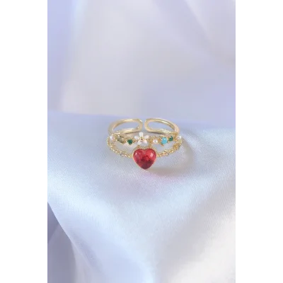 BUĞZ Gold Renk Kırmızı Zirkon Taş Kalp Model Pirinç Kadın Yüzük - Lisinya