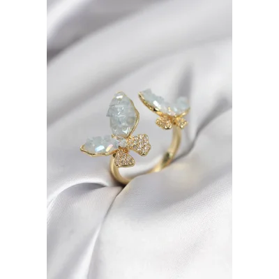 BUĞZ Gold Renk Mavi Kelebek Model Zirkon Taşlı Kadın Yüzük