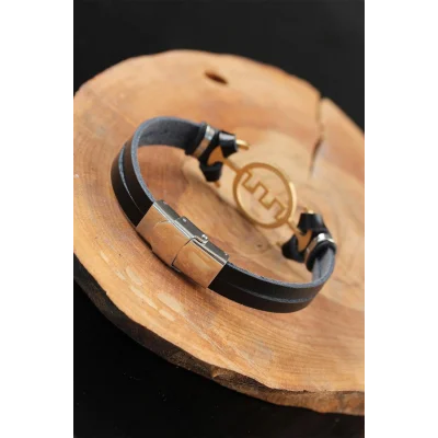 BUĞZ Gold Renk Metal Labirent Tasarım Siyah Renk Deri Erkek Bileklik - Lisinya