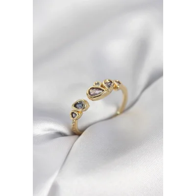 BUĞZ Gold Renk Mor Damla Zirkon Taşlı Kadın Yüzük