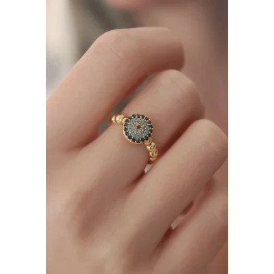 BUĞZ Gold Renk Nazar Boncuk Figür Zirkon Taş Detay Kadın Yüzük