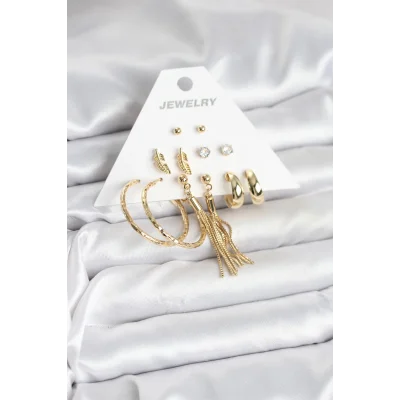 BUĞZ Gold Renk Pirinç Kadın 6 Çift Küpe Seti