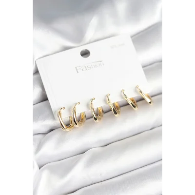 BUĞZ Gold Renk Pirinç Kare Halka Model 925 Ayar Gümüş Çivili Kadın Küpe Seti