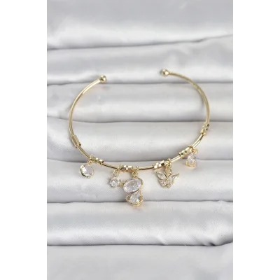 BUĞZ Gold Renk Pirinç Kedi Detaylı Charmlı Kadın Bileklik