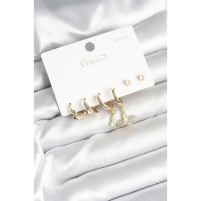 BUĞZ Gold Renk Pirinç Kelebek Model 925 Ayar Gümüş Çivili Kadın Küpe Seti