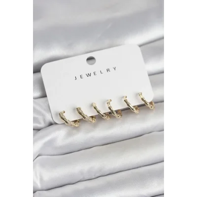 BUĞZ Gold Renk Pirinç Kemik Model 3 Çift Kadın Küpe Seti