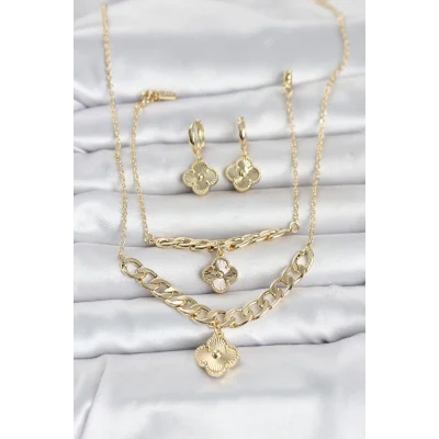 BUĞZ Gold Renk Pirinç Kolye Bileklik ve Küpe Seti