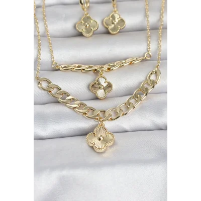 BUĞZ Gold Renk Pirinç Kolye Bileklik ve Küpe Seti - BUĞZ