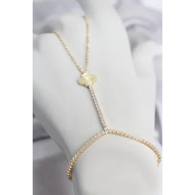 BUĞZ Gold Renk Pirinç Lazerli Yonca Model Zirkon Taşlı Şahmeran