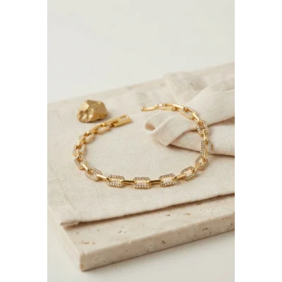 BUĞZ Gold Renk Pirinç Sıralı Kare Model Zirkon Taşlı Bileklik