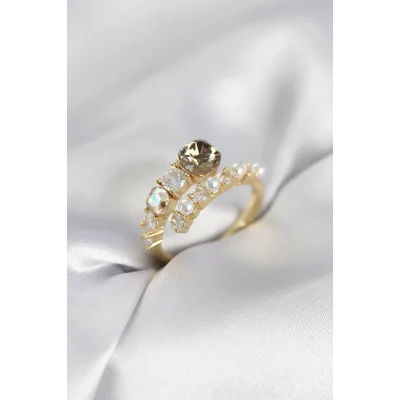 BUĞZ Gold Renk Pirinç Zirkon Taşlı İncili Kadın Yüzük