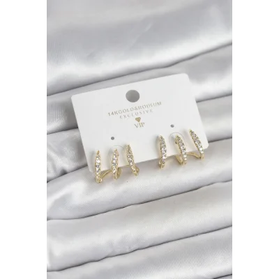 BUĞZ Gold Renk Pirinç Zirkon Taşlı Kadın Küpe