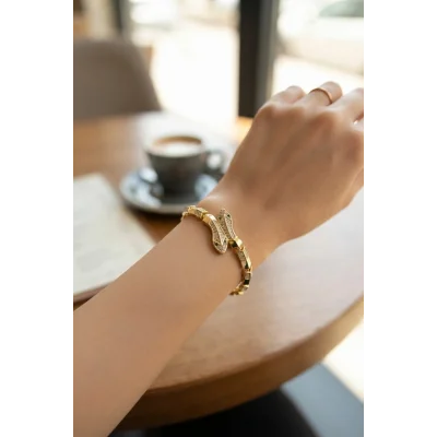 BUĞZ Gold Renk Pirinç Zirkon Taşlı Yılan Model Kadın Bileklik - BUĞZ