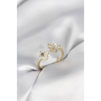 BUĞZ Gold Renk Sedefli Çiçek Model Kadın Yüzük