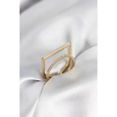 BUĞZ Gold Renk Sedefli Zirkon Taşlı 2li Kadın Yüzük