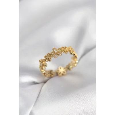 BUĞZ Gold Renk Sıralı Çiçek Model Zirkon Taşlı Kadın Yüzük