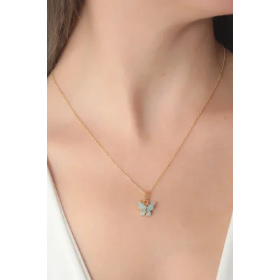 BUĞZ Gold Renk Su Yeşili Kelebek Figür Kadın Kolye