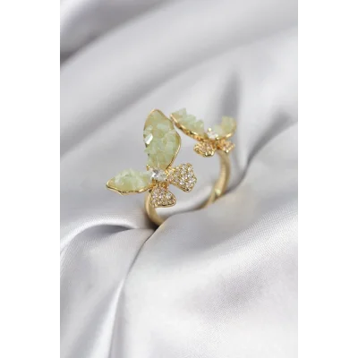 BUĞZ Gold Renk Su Yeşili Kelebek Model Zirkon Taşlı Kadın Yüzük