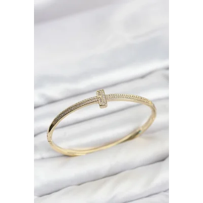 BUĞZ Gold Renk T Model Zirkon Taşlı Kadın Kelepçe Bileklik
