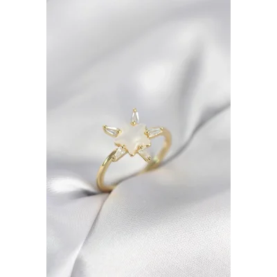 BUĞZ Gold Renk Yıldız Model Sedefli Zirkon Taşlı Kadın Yüzük