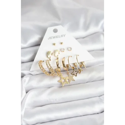 BUĞZ Gold Renk Yıldızlı Set 6 Çift Kadın Küpe Seti