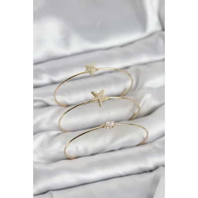 BUĞZ Gold Renk Zirkon Taşlı Deniz Yıldızı Model 3lü Kadın Bileklik Kombini
