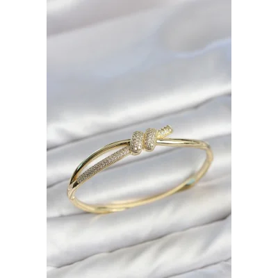 BUĞZ Gold Renk Zirkon Taşlı Düğüm Model Kadın Kelepçe Kadın Bileklik