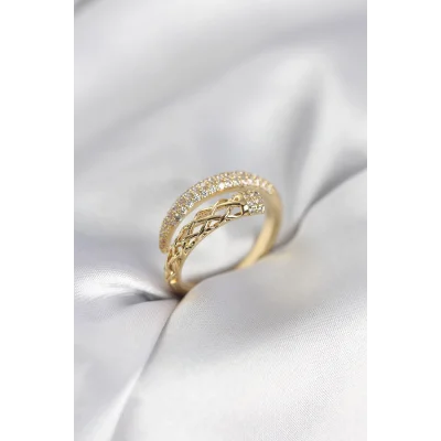 BUĞZ Gold Renk Zirkon Taşlı Sarmal Kadın Yüzük