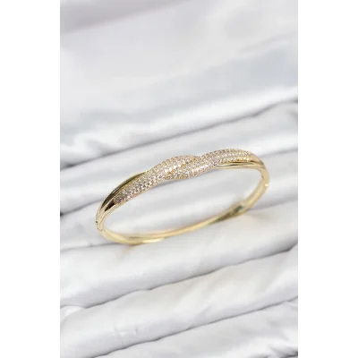 BUĞZ Gold Renk Zirkon Taşlı Sarmal Model Kadın Kelepçe Bileklik
