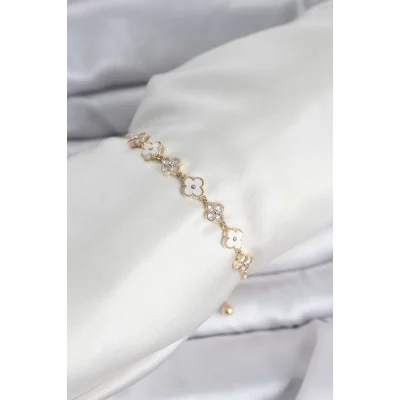 BUĞZ Gold Renk Zirkon Taşlı Sıralı Yonca Model Asansörlü Kadın Bileklik