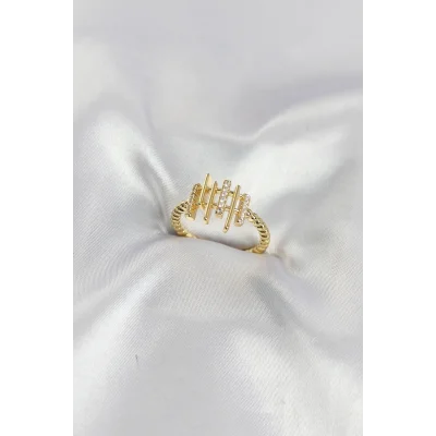 BUĞZ Gold Renk Zirkon Taşlı Sütun Model Kadın Yüzük